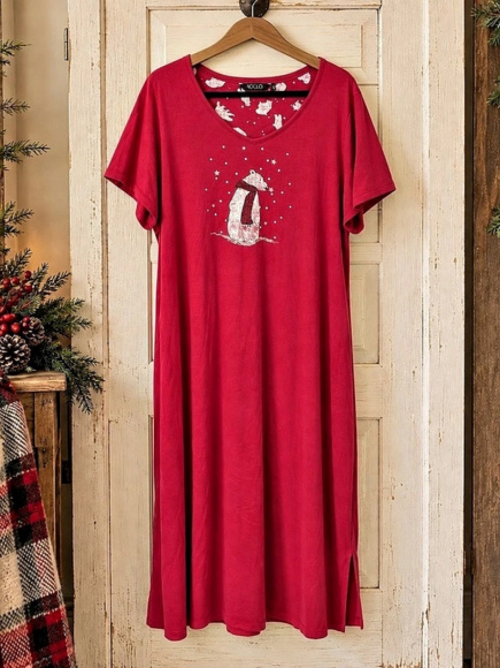 ti Voglio 3X Cotton Polar Bear Christmas Nightgown Sleepshirt Red